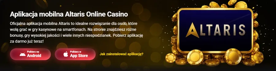 Baner aplikacji mobilnej Altaris z przyciskami Android i App Store